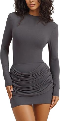 Vakkest Women's Long Sleeve Ruched Mini Dress Bodycon Crew Neck Slim Fit Elegant Cocktail Gown Party Club Short Dresses in Kuwait