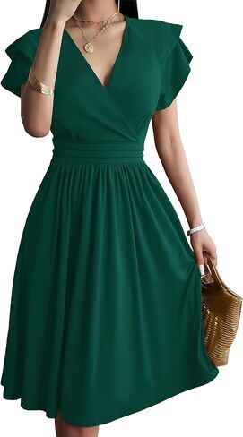 Women's Elegant V-Neck Flowy A-Line Dress Flared Short Sleeves Cinch Waist Cocktail Date Party Midi Dresses in Kuwait