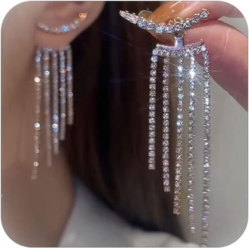 Rhinestone Tassel Earrings for Women Sparkly Prom Dangle Earrings Long Chandelier Bling Crystal Drop Statement Earrings Wedding Party Prom Dress Jewerly Gifts in Kuwait