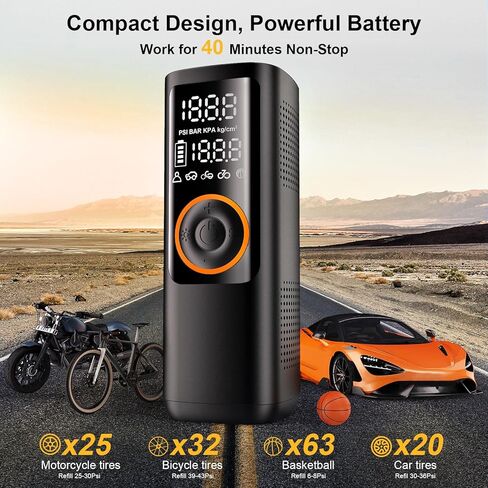 ضاغط هواء محمول منفاخ الإطارات - مضخة هواء لاسلكية 150 رطل لكل بوصة مربعة، بطارية 7800 مللي أمبير في الساعة وطاقة مزدوجة 12 فولت تيار مستمر، نفخ سريع 24 لتر/الدقيقة، إيقاف تلقائي، إضاءة LED، مضخة إطارات للسيارة والدراجة والدراجات النارية والكرات in Kuwait