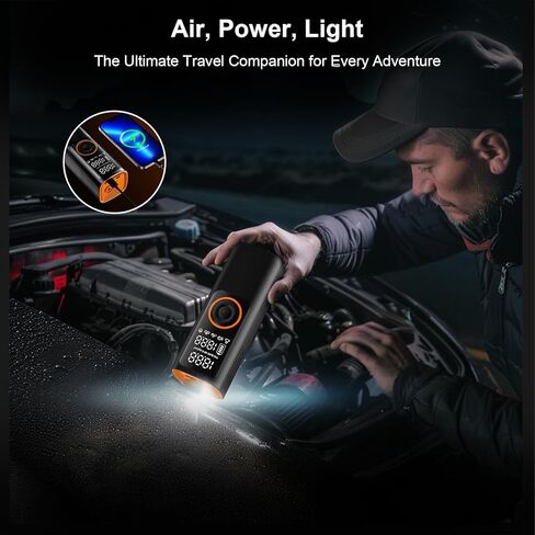 ضاغط هواء محمول منفاخ الإطارات - مضخة هواء لاسلكية 150 رطل لكل بوصة مربعة، بطارية 7800 مللي أمبير في الساعة وطاقة مزدوجة 12 فولت تيار مستمر، نفخ سريع 24 لتر/الدقيقة، إيقاف تلقائي، إضاءة LED، مضخة إطارات للسيارة والدراجة والدراجات النارية والكرات in Kuwait