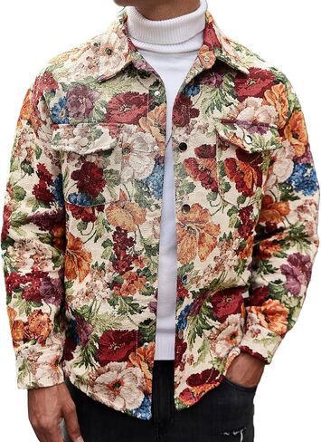 Men's Vintage Floral Jacquard Jacket, Going Out Shacket Jacquard Collared Neck Button Down Jackets Fall Outerwear in Saudi Arabia