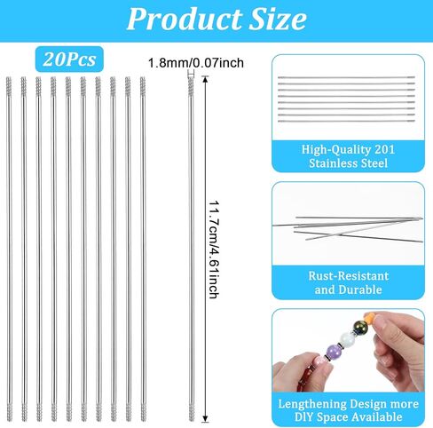 20 قطعة من موسعات الأقلام للأقلام القابلة للخرز، 4.6 بوصة من الفولاذ المقاوم للصدأ DIY قضبان تمديد الأقلام المطرزة، أجزاء تمديد شريط الخرز البديلة لإصلاح الأعمال اليدوية وهدايا اللوازم المكتبية in Kuwait
