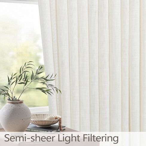 ستائر كتان كريمية مطوية بقرصة طبيعية بطول 84 بوصة 2 لوح لغرفة المعيشة وغرفة النوم عاجي شبه شفاف مرشح للضوء مزرعة حديثة بوهو محايدة ريفية ستائر طويلة حلقات خطافات مطوية بعلامة تبويب خلفية in Kuwait