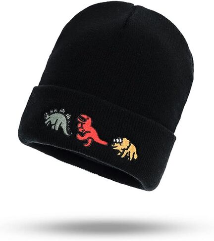 Totelux لطيف ديناصور قبعات صغيرة محبوكة التطريز النساء الشتاء قبعة لينة الدافئة مكبل قبعة للرجال الكبار بسط مكتنزة قبعة تزلج سوداء in Kuwait