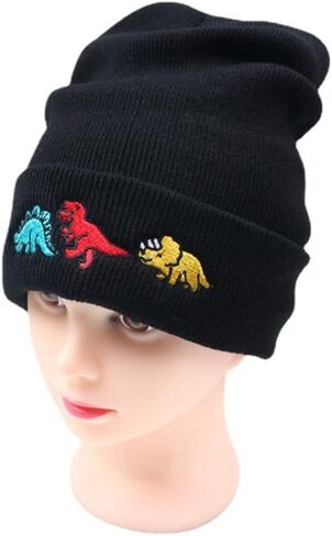 Totelux لطيف ديناصور قبعات صغيرة محبوكة التطريز النساء الشتاء قبعة لينة الدافئة مكبل قبعة للرجال الكبار بسط مكتنزة قبعة تزلج سوداء in Kuwait