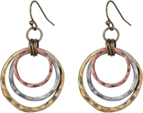 أقراط بوهو معدنية مختلطة للنساء، أقراط متدلية من النحاس والفضة العتيقة بثلاثة ألوان، مجوهرات متدلية ثلاثية الدائرة من نسيج مطروق للهدايا غير الرسمية الريفية الغربية in Kuwait