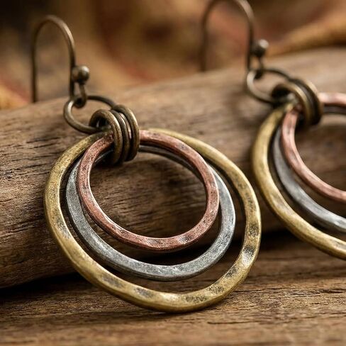 أقراط بوهو معدنية مختلطة للنساء، أقراط متدلية من النحاس والفضة العتيقة بثلاثة ألوان، مجوهرات متدلية ثلاثية الدائرة من نسيج مطروق للهدايا غير الرسمية الريفية الغربية in Kuwait