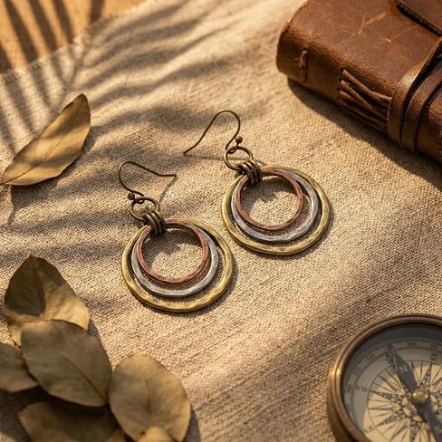 أقراط بوهو معدنية مختلطة للنساء، أقراط متدلية من النحاس والفضة العتيقة بثلاثة ألوان، مجوهرات متدلية ثلاثية الدائرة من نسيج مطروق للهدايا غير الرسمية الريفية الغربية in Kuwait