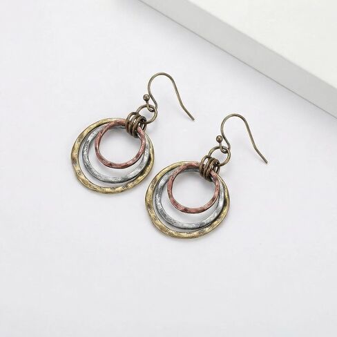 أقراط بوهو معدنية مختلطة للنساء، أقراط متدلية من النحاس والفضة العتيقة بثلاثة ألوان، مجوهرات متدلية ثلاثية الدائرة من نسيج مطروق للهدايا غير الرسمية الريفية الغربية in Kuwait