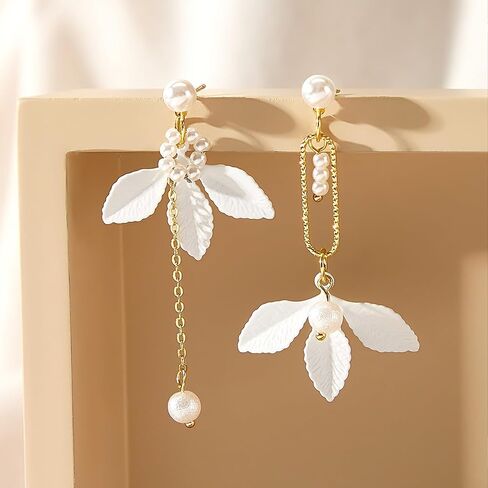 White Flower Earrings for Women: Unique Pearl Drop Dangle Earrings, Minimalist Aesthetic Fashion Trendy Earrings for Parties & Daily Commute in Kuwait