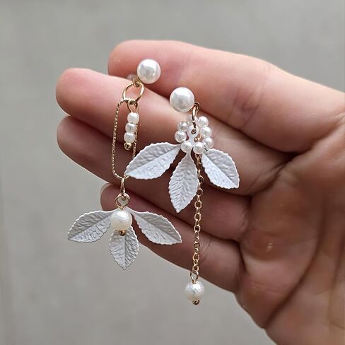 White Flower Earrings for Women: Unique Pearl Drop Dangle Earrings, Minimalist Aesthetic Fashion Trendy Earrings for Parties & Daily Commute in Kuwait