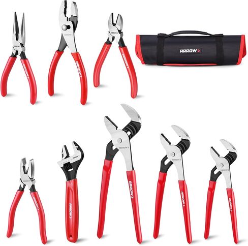 ARROW 8PCS Pliers & Wrench Set, 6" Needle Nose Pliers, 6" Diagonal, 7" Linesman, 8" Slip Joint, 8" & 10" & 12" Groove Joint and CRV 8" Adjustable Wrench, Portable Rolling Bag With Handle in Kuwait