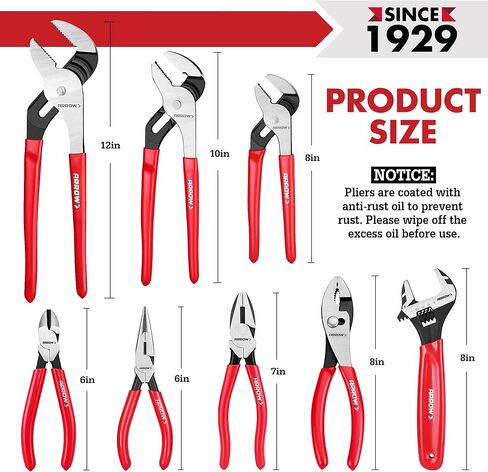 ARROW 8PCS Pliers & Wrench Set, 6" Needle Nose Pliers, 6" Diagonal, 7" Linesman, 8" Slip Joint, 8" & 10" & 12" Groove Joint and CRV 8" Adjustable Wrench, Portable Rolling Bag With Handle in Kuwait