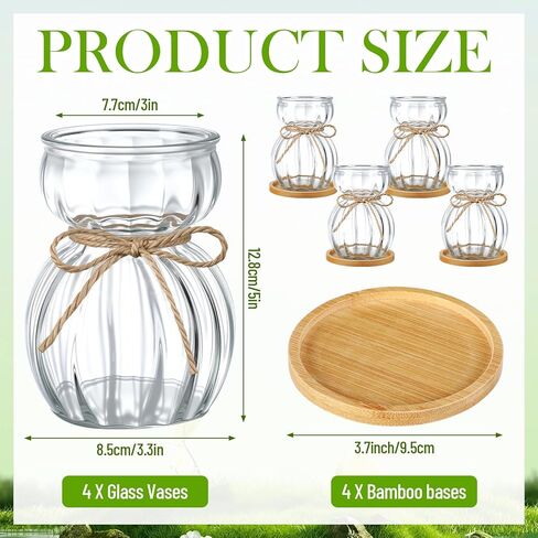 LemonRoad 4 Pcs Bulb Glass Vases for Flowers Forcing Hyacinth Avocado Clear Decorative Bulb Vase with Round Bamboo Coaster for Women Gardening Lovers Home Office Plant Table Decoration in Kuwait