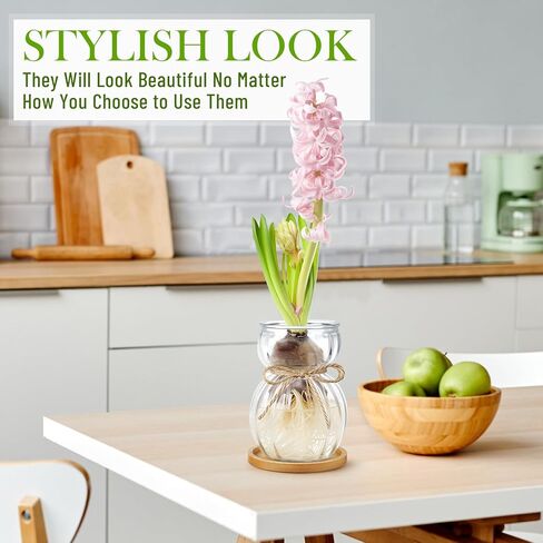 LemonRoad 4 Pcs Bulb Glass Vases for Flowers Forcing Hyacinth Avocado Clear Decorative Bulb Vase with Round Bamboo Coaster for Women Gardening Lovers Home Office Plant Table Decoration in Kuwait