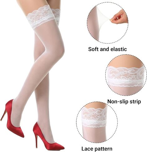 جوارب عالية الفخذ البيضاء للنساء، جوارب طويلة شفافة من الدانتيل، جوارب طويلة حريرية بقبضة من السيليكون، جوارب دانتيل مثيرة فوق الركبة in Kuwait