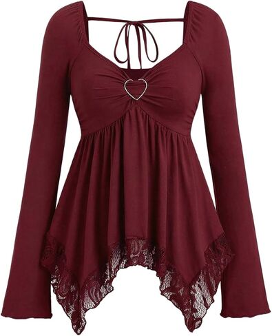 SOLY HUX Women's Long Sleeve Peplum Tops Babydoll Lace Sweetheart Neck Ruffle Asymmetrical Tee Fall Going Out T Shirt in Saudi Arabia