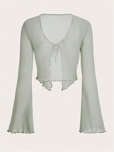 WDIRARA Women's Tie Front Bell Sleeve Mesh Top V Neck Lettuce Trim Shirt in Saudi Arabia