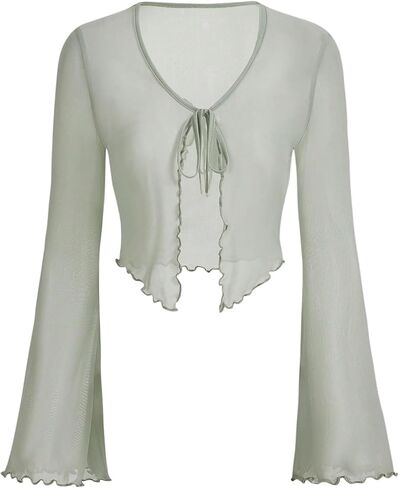 قميص WDIRARA نسائي برباط أمامي وأكمام شبكية ورقبة على شكل حرف V وأطراف خس in Saudi Arabia