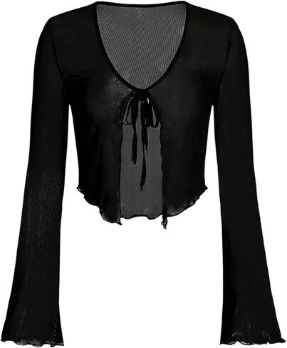 WDIRARA Women's Tie Front Bell Sleeve Mesh Top V Neck Lettuce Trim Shirt in Saudi Arabia