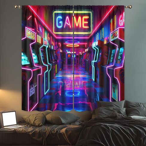 LIGHTINHOME Neon Arcade Game Curtains 42Wx63H Inch Retro Gamer Video Arcade Gaming Cool 80s 90s Window Curtains for Boys Bedroom Kids 2 Panels Rod Pocket Living Room Window Drapes Treatment Fabric in Kuwait
