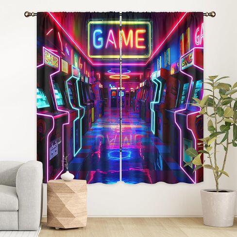 LIGHTINHOME Neon Arcade Game Curtains 42Wx63H Inch Retro Gamer Video Arcade Gaming Cool 80s 90s Window Curtains for Boys Bedroom Kids 2 Panels Rod Pocket Living Room Window Drapes Treatment Fabric in Kuwait