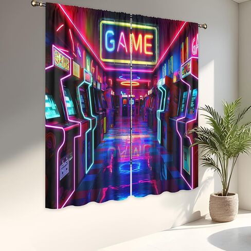 LIGHTINHOME Neon Arcade Game Curtains 42Wx63H Inch Retro Gamer Video Arcade Gaming Cool 80s 90s Window Curtains for Boys Bedroom Kids 2 Panels Rod Pocket Living Room Window Drapes Treatment Fabric in Kuwait