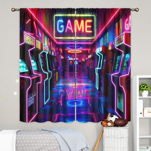 LIGHTINHOME Neon Arcade Game Curtains 42Wx63H Inch Retro Gamer Video Arcade Gaming Cool 80s 90s Window Curtains for Boys Bedroom Kids 2 Panels Rod Pocket Living Room Window Drapes Treatment Fabric in Kuwait