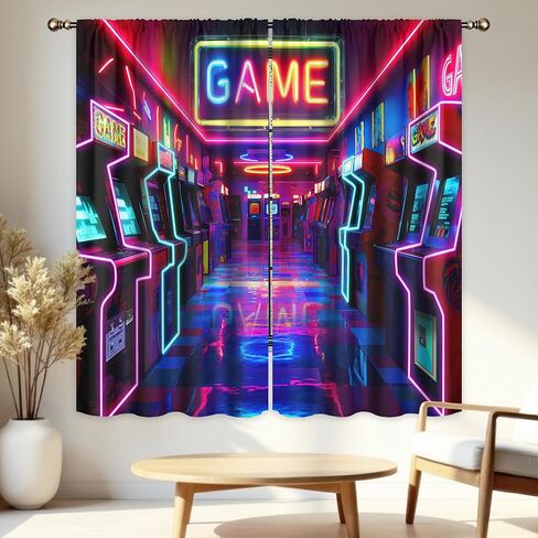LIGHTINHOME Neon Arcade Game Curtains 42Wx63H Inch Retro Gamer Video Arcade Gaming Cool 80s 90s Window Curtains for Boys Bedroom Kids 2 Panels Rod Pocket Living Room Window Drapes Treatment Fabric in Kuwait