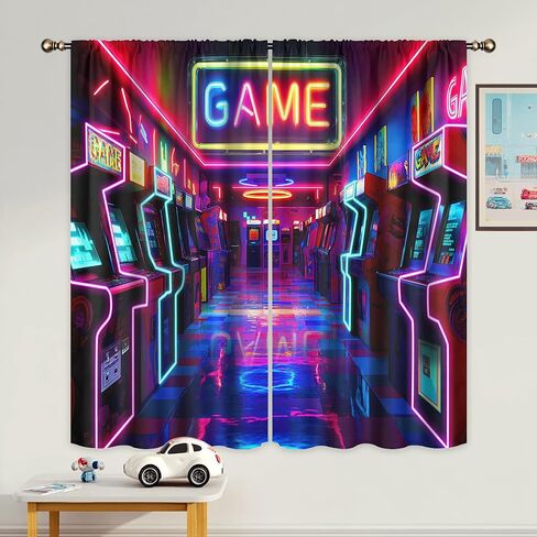 LIGHTINHOME Neon Arcade Game Curtains 42Wx63H Inch Retro Gamer Video Arcade Gaming Cool 80s 90s Window Curtains for Boys Bedroom Kids 2 Panels Rod Pocket Living Room Window Drapes Treatment Fabric in Kuwait
