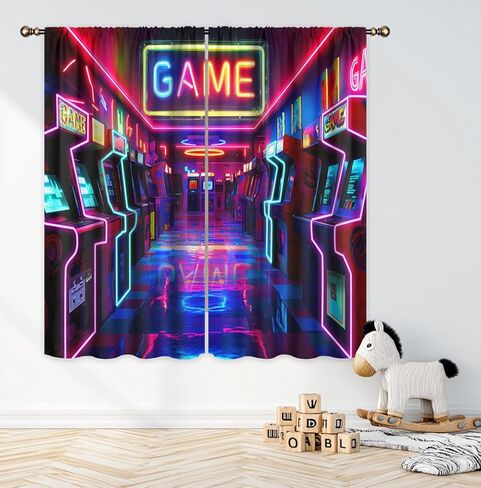 LIGHTINHOME Neon Arcade Game Curtains 42Wx63H Inch Retro Gamer Video Arcade Gaming Cool 80s 90s Window Curtains for Boys Bedroom Kids 2 Panels Rod Pocket Living Room Window Drapes Treatment Fabric in Kuwait