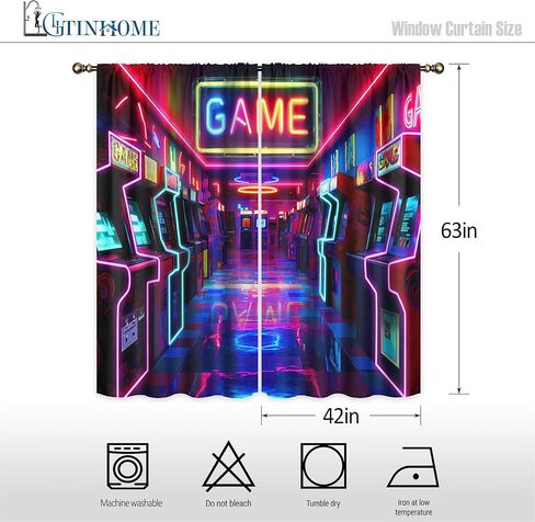 LIGHTINHOME Neon Arcade Game Curtains 42Wx63H Inch Retro Gamer Video Arcade Gaming Cool 80s 90s Window Curtains for Boys Bedroom Kids 2 Panels Rod Pocket Living Room Window Drapes Treatment Fabric in Kuwait