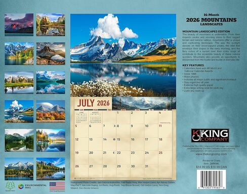 تقويم جداري للجبال 2026 مقاس 16 شهرًا مقاس X-Large 14x22، تقويم المناظر الطبيعية الجبلية من شركة KING-Monster Calendars in Kuwait