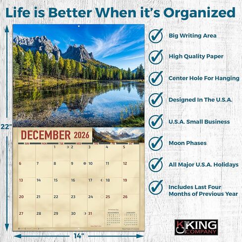 تقويم جداري للجبال 2026 مقاس 16 شهرًا مقاس X-Large 14x22، تقويم المناظر الطبيعية الجبلية من شركة KING-Monster Calendars in Kuwait