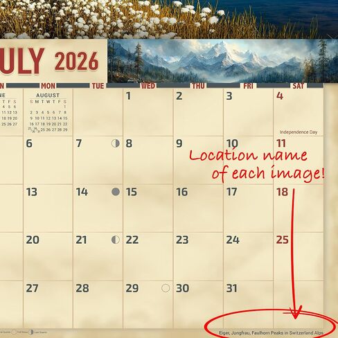 تقويم جداري للجبال 2026 مقاس 16 شهرًا مقاس X-Large 14x22، تقويم المناظر الطبيعية الجبلية من شركة KING-Monster Calendars in Kuwait