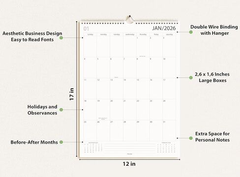 Wall Calendar 2026-2027, 18 Months, Runs From January 2026 to June 2027, 17" x 12" Large Wall Calendar with Hanger, Thick Paper, Spiral Binding, Easy to Write Down Your Plans and Daily/ Sleek Business Design. in Saudi Arabia