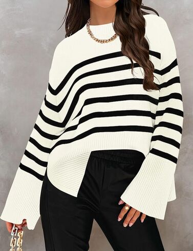 ZESICA Women's Fall Winter Striped Long Sleeve Crew Neck Ribbed Knit Side Slit Oversized Pullover Sweater Jumper Top in Saudi Arabia