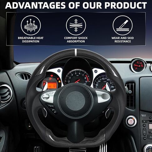Real Carbon Fiber Steering Wheel for Nissan 370Z 2008-2022,Nappa Perforated Anti-Slip Perforated Leather Grip (White Positioning Line) in Saudi Arabia