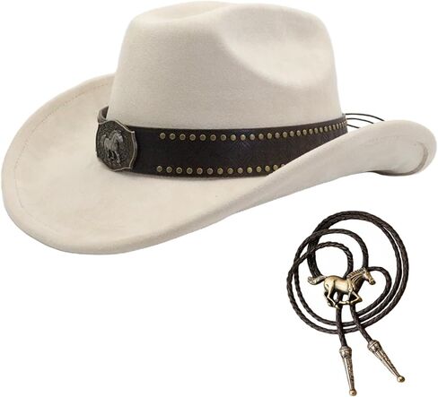 قبعة رعاة البقر الغربية من LIDHAY للرجال والنساء، قبعات رعاة البقر الكلاسيكية من جلد البقر مع ربطة عنق حصان بولو in Kuwait