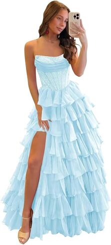 Strapless Prom Dress for Women 2026 Chiffon Tiered Ruffle Sparkly Formal Corset Evening Party Gown with Slit KN103 in Kuwait