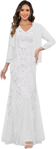 2 Pieces Mother of The Bride Dresses with Chiffon Jacket Long Sequin V Neck Mermaid Formal Wedding Guest Dress in Saudi Arabia