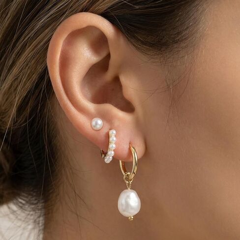 مجموعة من 3 قطع من أقراط اللؤلؤ، مجموعة أقراط لؤلؤية مطلية بالذهب عيار 14 قيراط، مجموعة أقراط ذهبية صغيرة لطيفة لمجوهرات عصرية متعددة الثقب للنساء in Kuwait