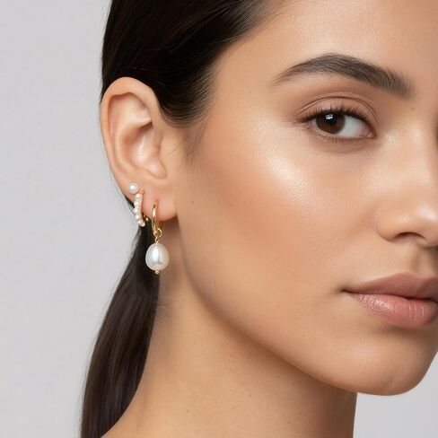 مجموعة من 3 قطع من أقراط اللؤلؤ، مجموعة أقراط لؤلؤية مطلية بالذهب عيار 14 قيراط، مجموعة أقراط ذهبية صغيرة لطيفة لمجوهرات عصرية متعددة الثقب للنساء in Kuwait