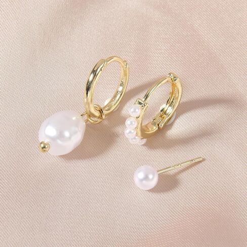 مجموعة من 3 قطع من أقراط اللؤلؤ، مجموعة أقراط لؤلؤية مطلية بالذهب عيار 14 قيراط، مجموعة أقراط ذهبية صغيرة لطيفة لمجوهرات عصرية متعددة الثقب للنساء in Kuwait