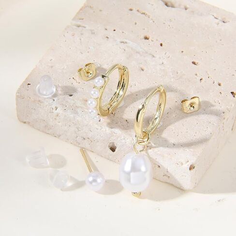 مجموعة من 3 قطع من أقراط اللؤلؤ، مجموعة أقراط لؤلؤية مطلية بالذهب عيار 14 قيراط، مجموعة أقراط ذهبية صغيرة لطيفة لمجوهرات عصرية متعددة الثقب للنساء in Kuwait