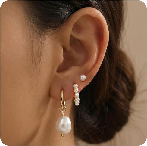 مجموعة من 3 قطع من أقراط اللؤلؤ، مجموعة أقراط لؤلؤية مطلية بالذهب عيار 14 قيراط، مجموعة أقراط ذهبية صغيرة لطيفة لمجوهرات عصرية متعددة الثقب للنساء in Kuwait