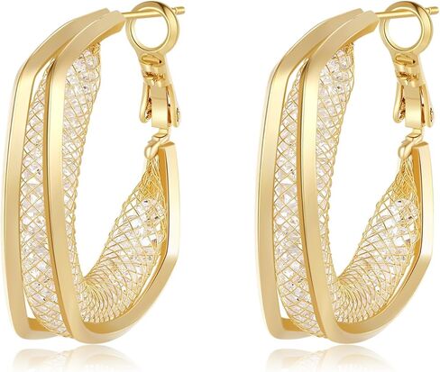 18K Gold Plated Filigree Earrings for Women, Chunky Gold Twisted Hoop Earrings, Disco Earrings for Women，Cubic Zirconia Hoop Dangle Elegant Earrings in Kuwait