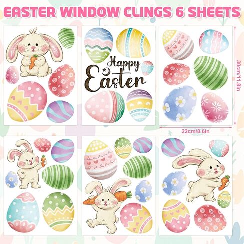 6 Sheets Happy Easter Window Clings, Double-Sided Reusable Oil Painting Bunny Eggs Window Decals for Glass, Mirror, Party Home Decor (Easter) in Kuwait