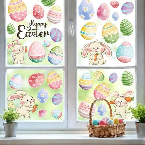 6 Sheets Happy Easter Window Clings, Double-Sided Reusable Oil Painting Bunny Eggs Window Decals for Glass, Mirror, Party Home Decor (Easter) in Kuwait